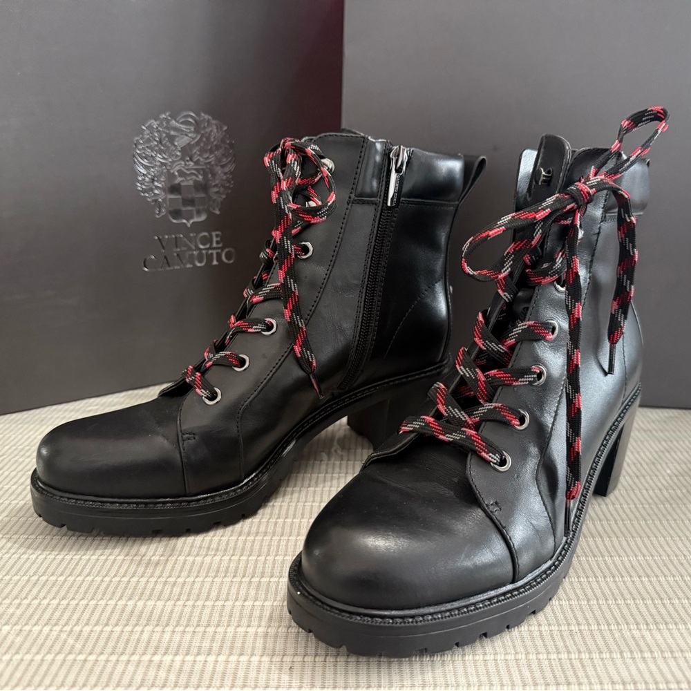 Vince Camuto Black Lace-Up Boots with Red Accents